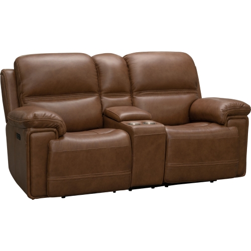 Sedrick Power Reclining Console Loveseat in Caramel Brown Leather